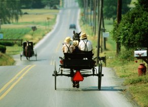 Pennsylvania, Two Amish Buggies Passing Each Other